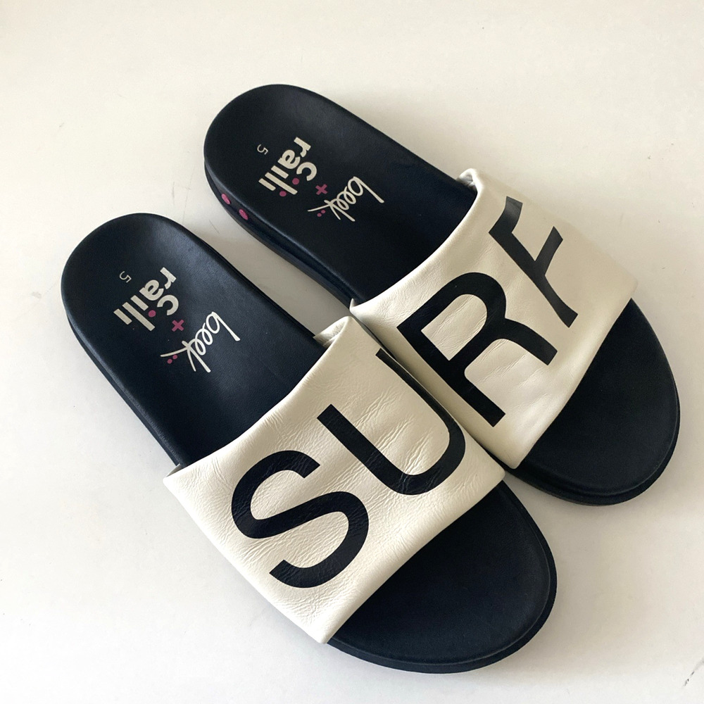 Beek Railibird Slide Sandal Surf Slip On Flat Leather White Black Open Toe 5 - Picture 2 of 6